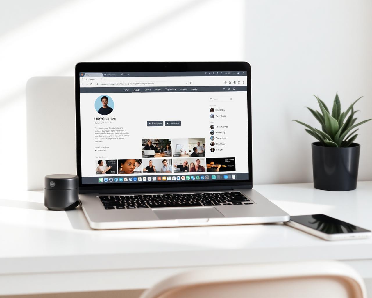 A calm laptop workspace showing a Fiverr-style creator profile